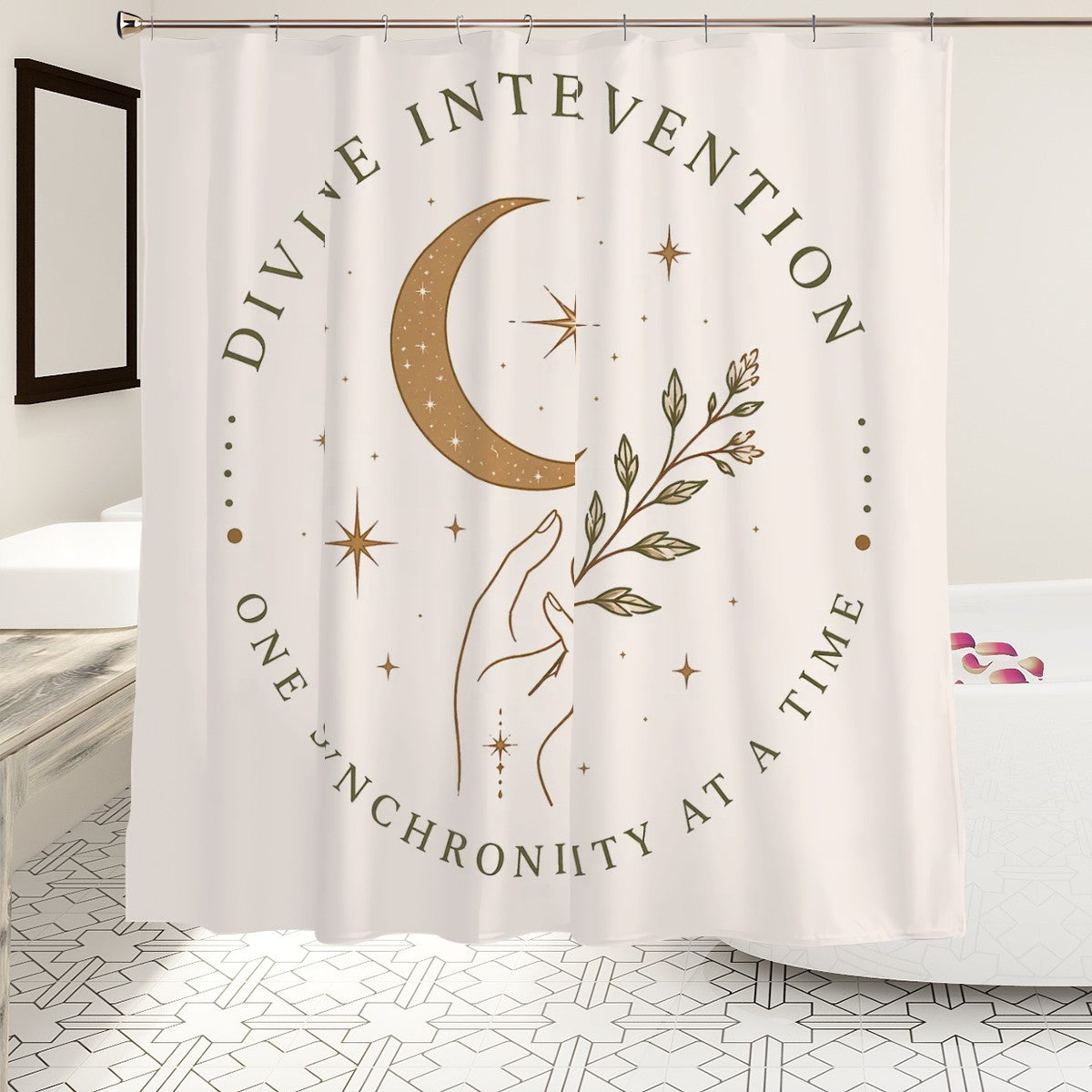 Sandy Beach bathroom decor shower curtain with ocean-themed design hanging in a modern bathroom setting