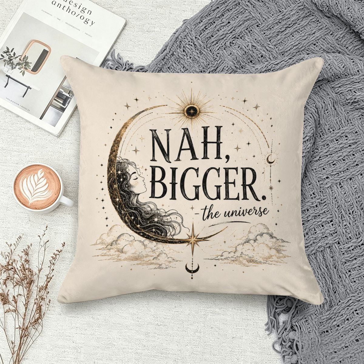 Decorative cream throw pillow featuring celestial moon art and 'Nah, Bigger. -the universe' text.