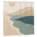 Abstract coastal shower curtain by Sandy Beach featuring modern beach-inspired artwork for a neutral ocean-themed bathroom decor.