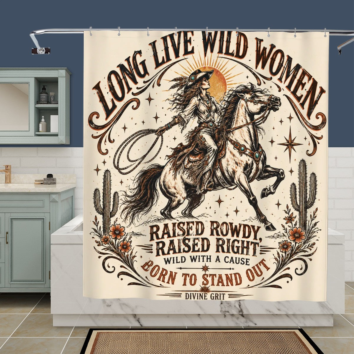 Western style shower curtain featuring a cowgirl riding a horse with desert cactus motifs.
