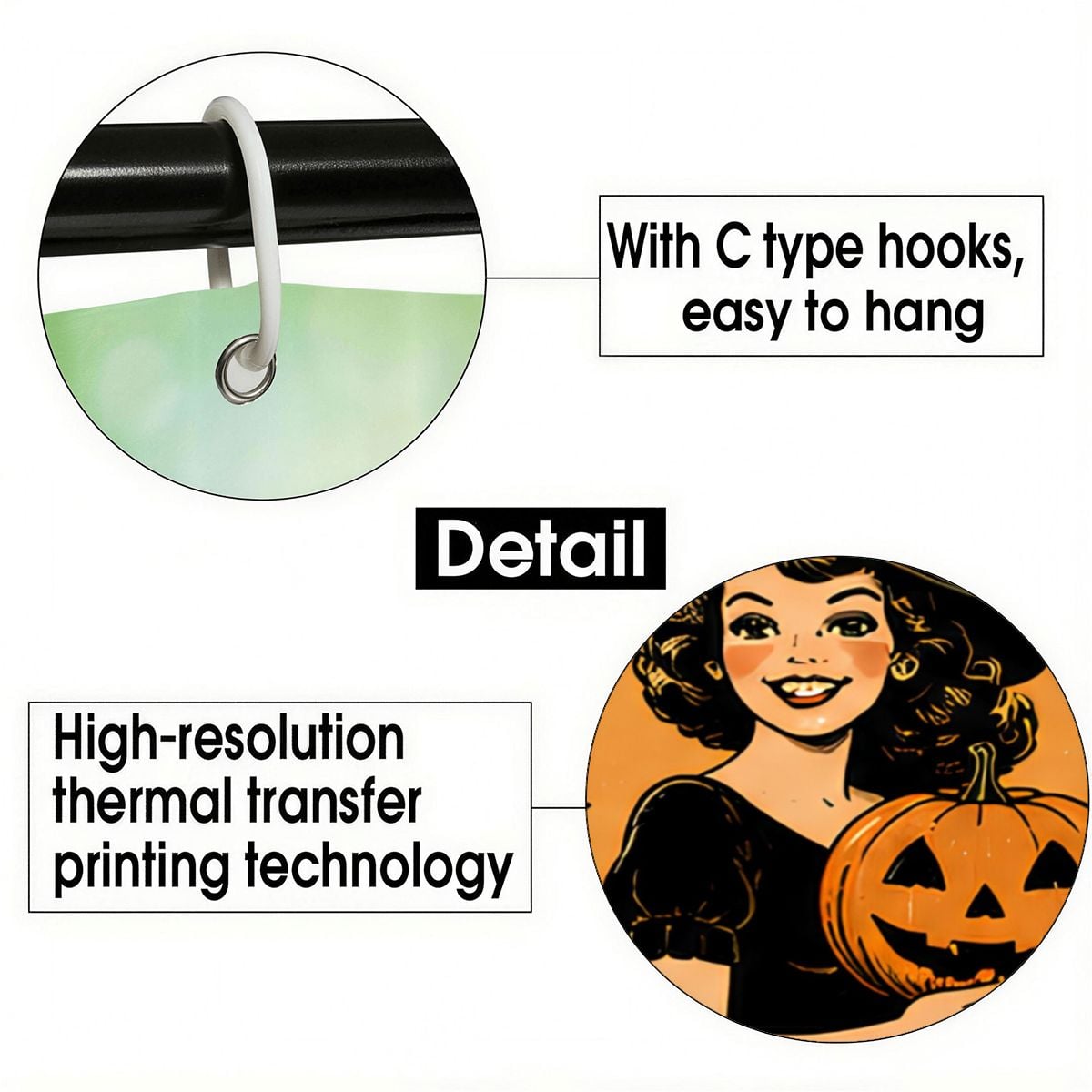 Close-up of C-type shower curtain hooks and high-resolution thermal print of a vintage girl with a pumpkin.