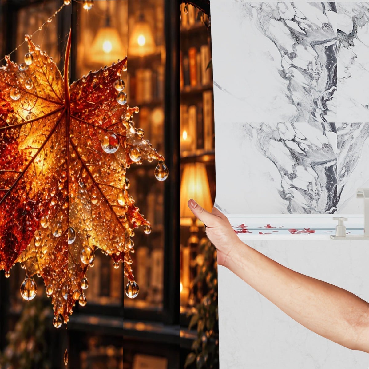 Rain-Kissed Leaf Shower Curtain - 72" x 72" Waterproof Botanical Print