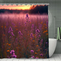 Shower curtain featuring a dreamy purple wildflower meadow at sunset.