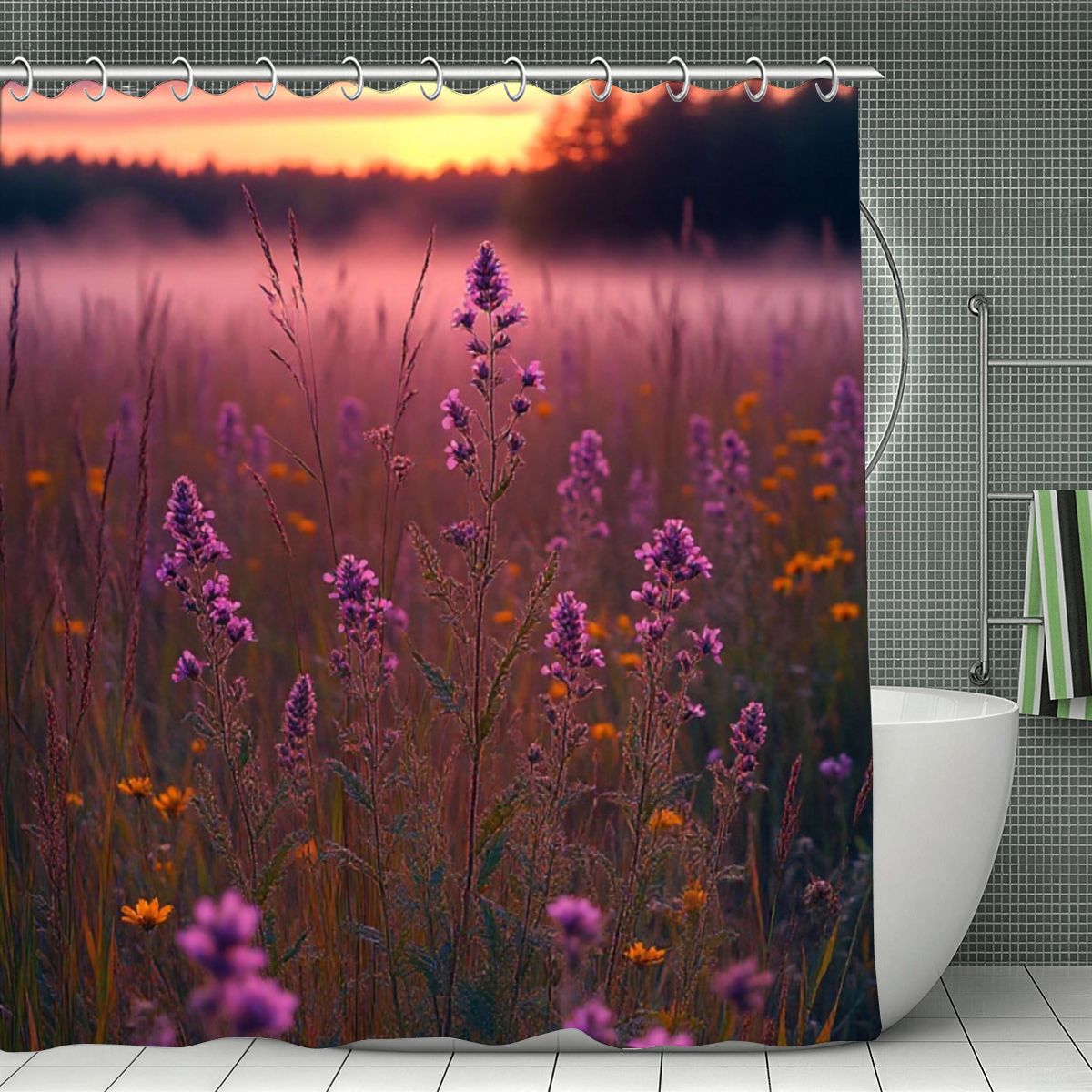 Shower curtain featuring a dreamy purple wildflower meadow at sunset.