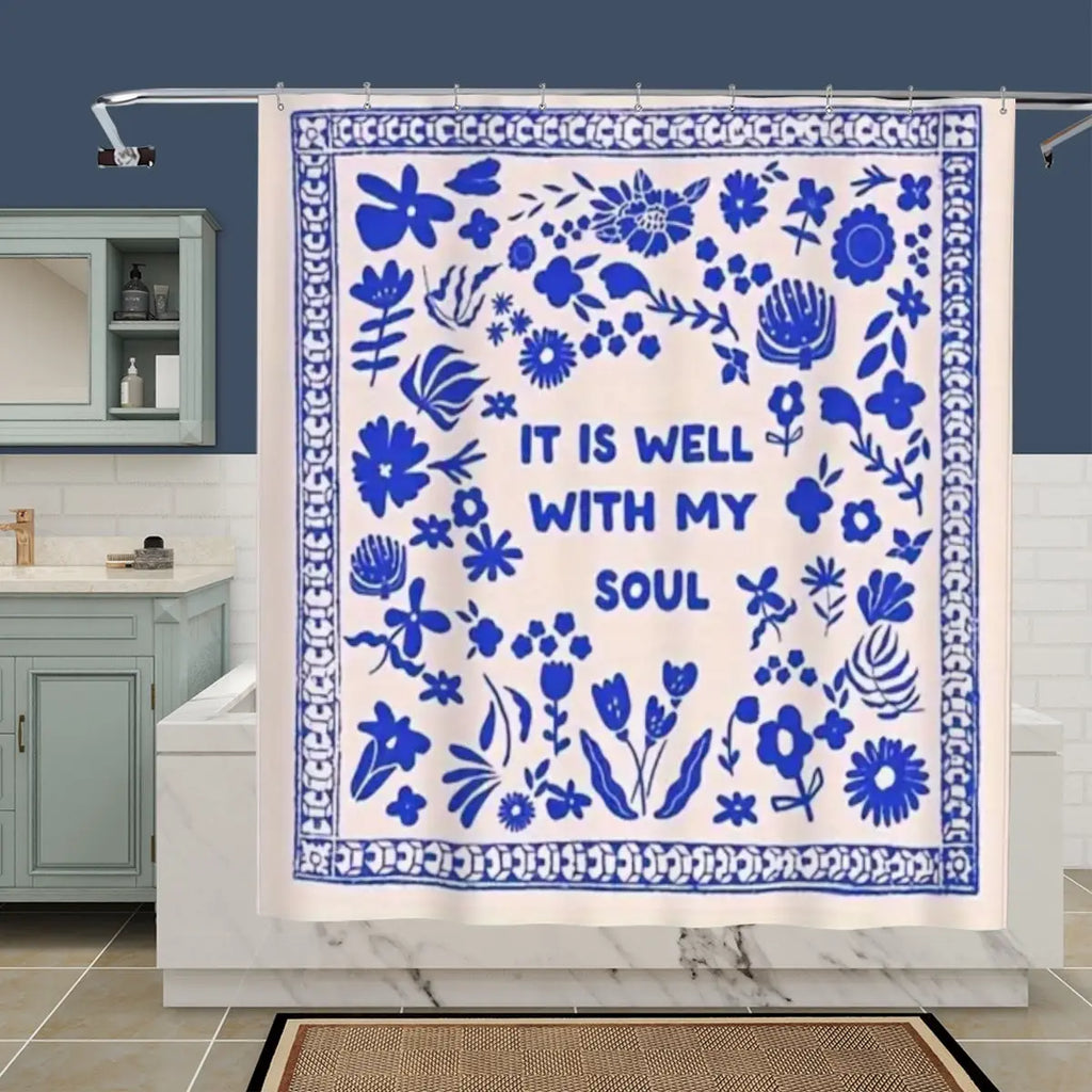 Sandy Beach "It Is Well With My Soul" shower curtain with spiritual quote, blue and white bathroom decor for a peaceful look.