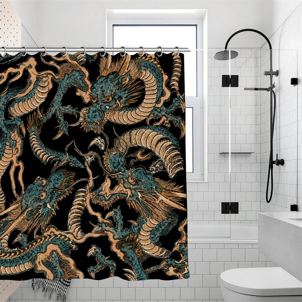 Black shower curtain featuring intricate gold and teal oriental dragon patterns.