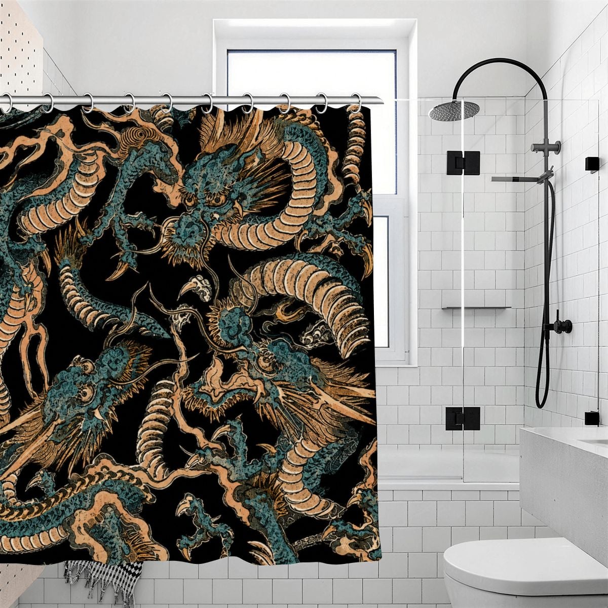 Black shower curtain featuring intricate gold and teal oriental dragon patterns.
