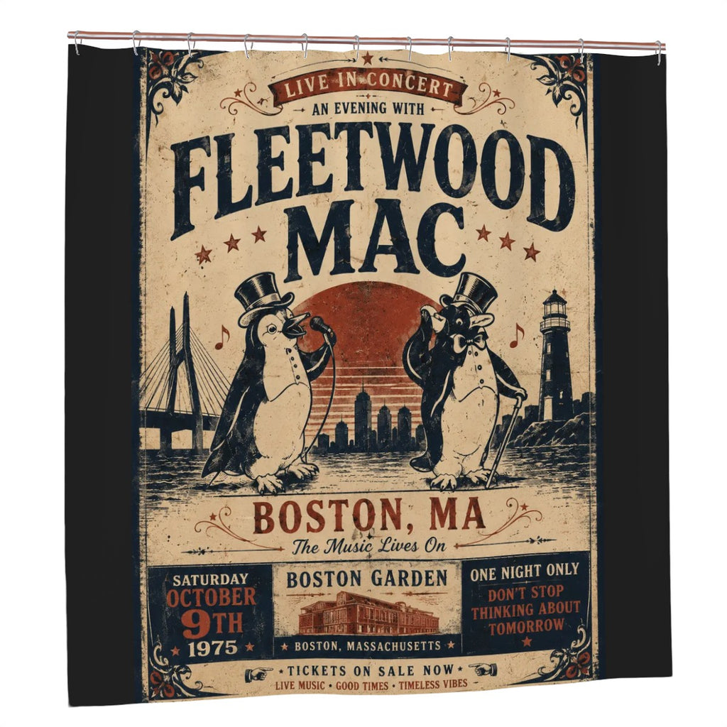 Vintage Fleetwood Mac concert poster shower curtain featuring singing penguins in Boston.