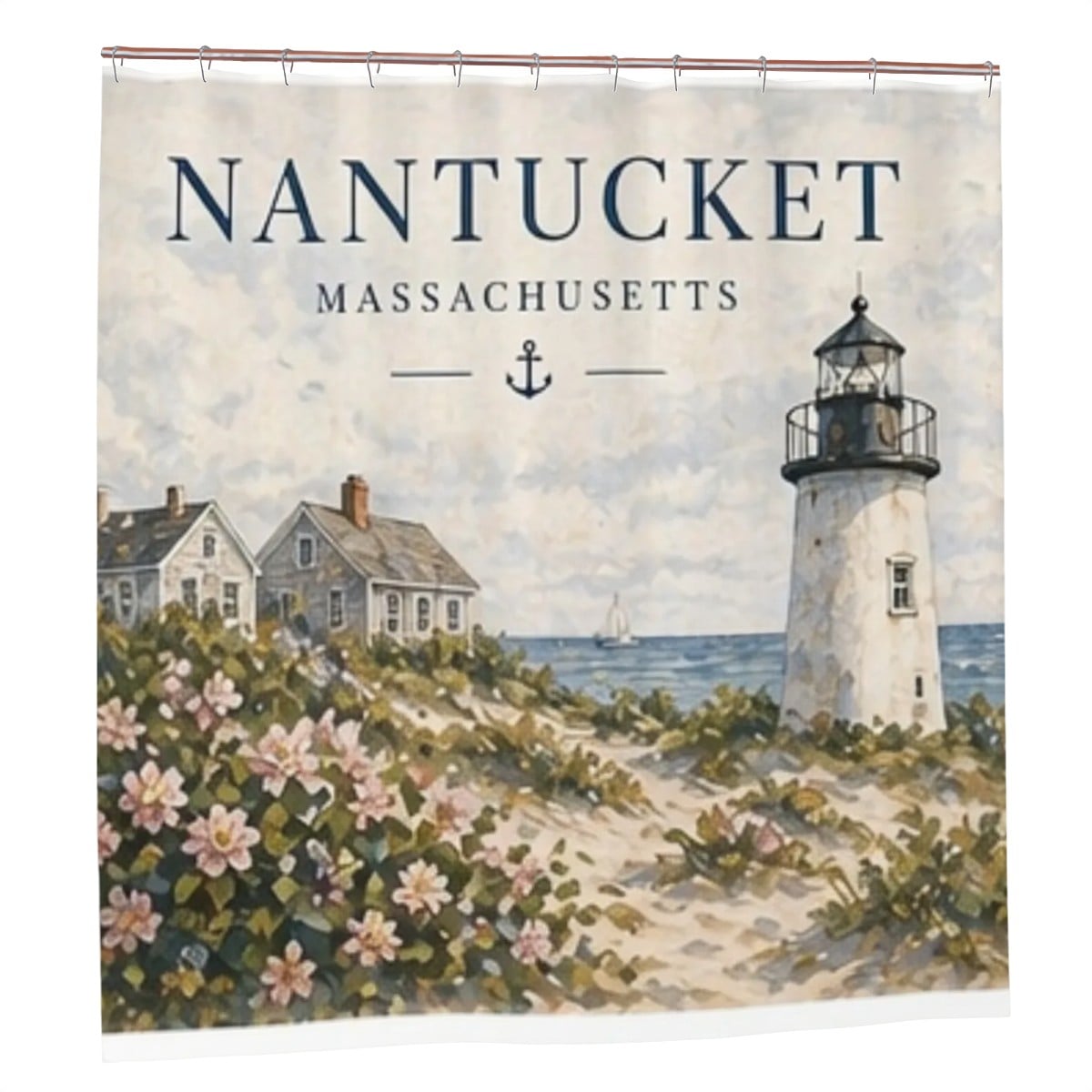 Sandy Beach bathroom decor shower curtain with a vibrant beach scene, featuring blue waves and sandy shores.