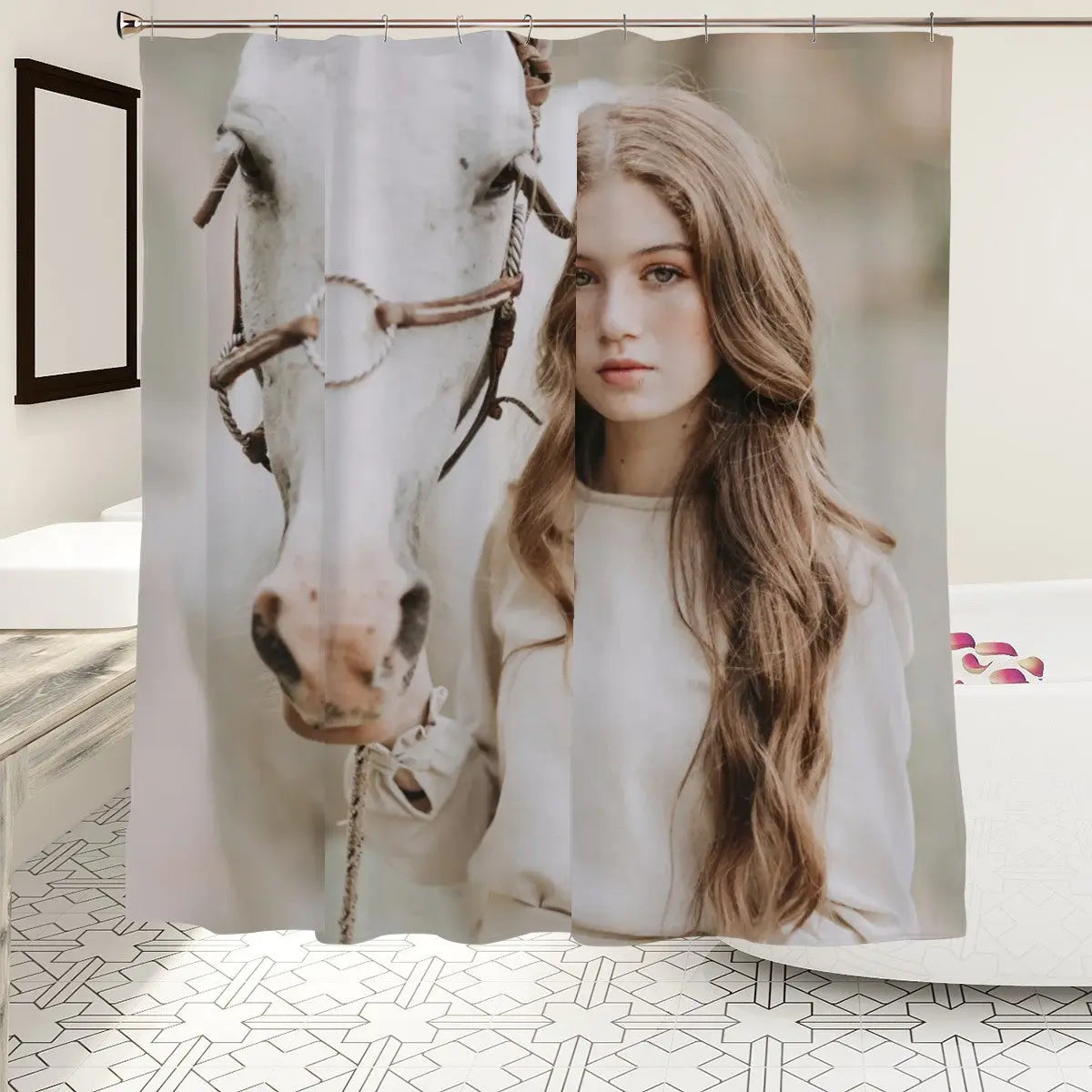 Young Woman with White Horse Shower Curtain Sandy Beach