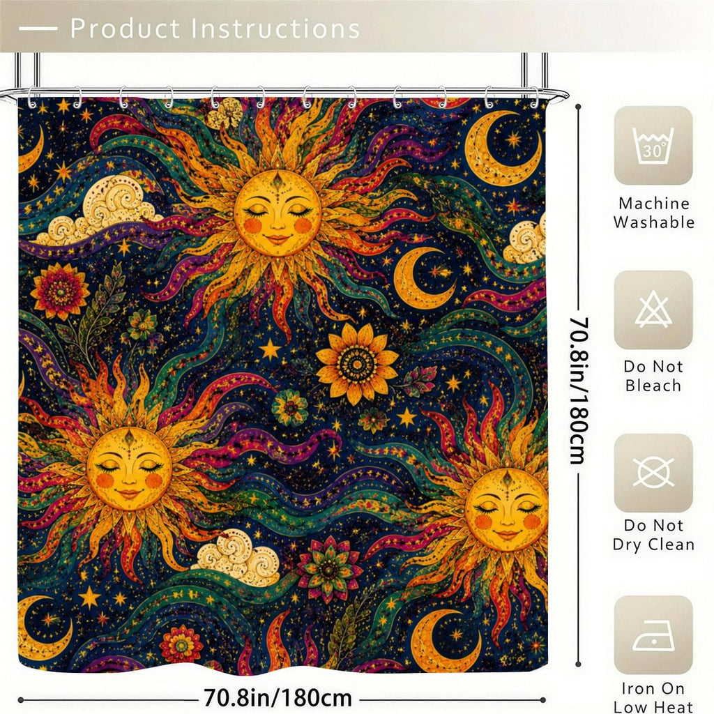 Celestial sun and crescent moon pattern shower curtain with colorful starry night design.