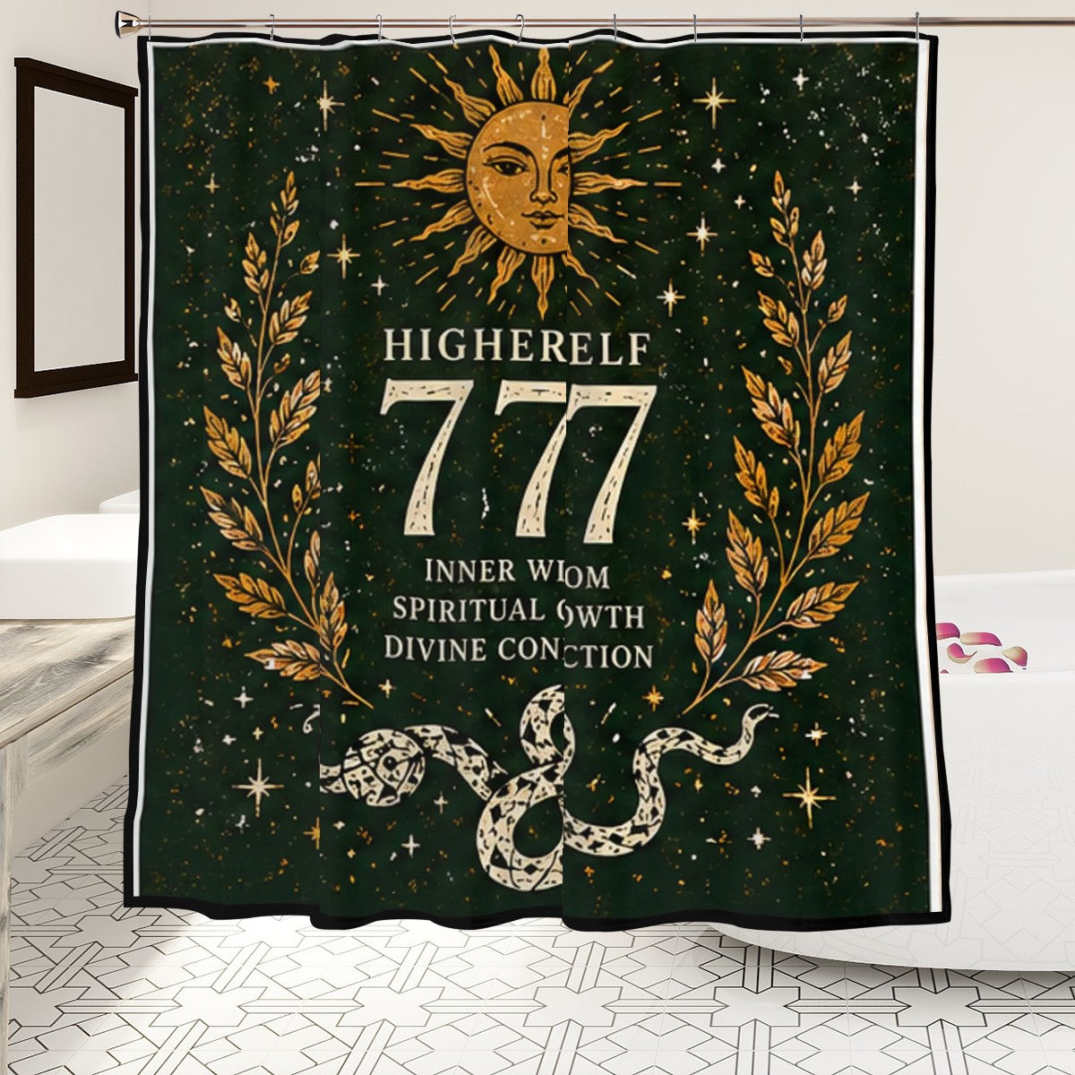 Sandy Beach 777 Angel Number shower curtain with celestial snake design, perfect for spiritual growth bathroom decor.