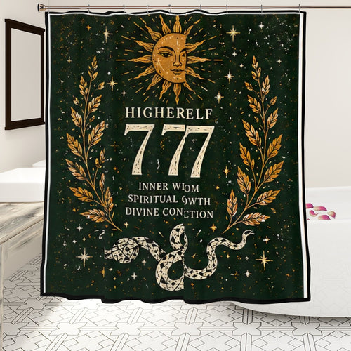 Sandy Beach 777 Angel Number shower curtain with celestial snake design, perfect for spiritual growth bathroom decor.