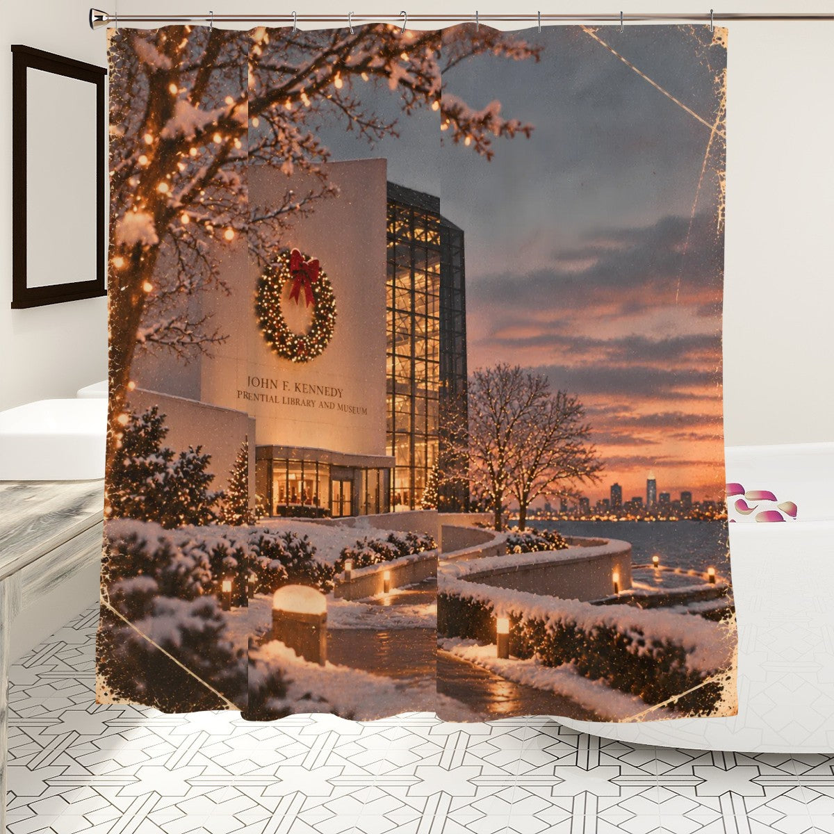 JFK Library Christmas Shower Curtain | Boston Waterfront Winter Scene