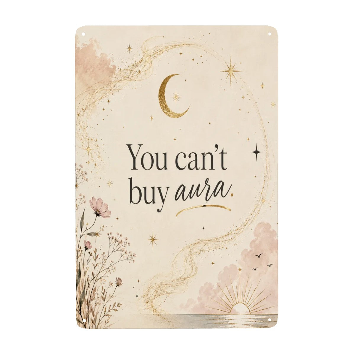 Boho celestial wall art sign with moon, stars, and text 'You can't buy aura'