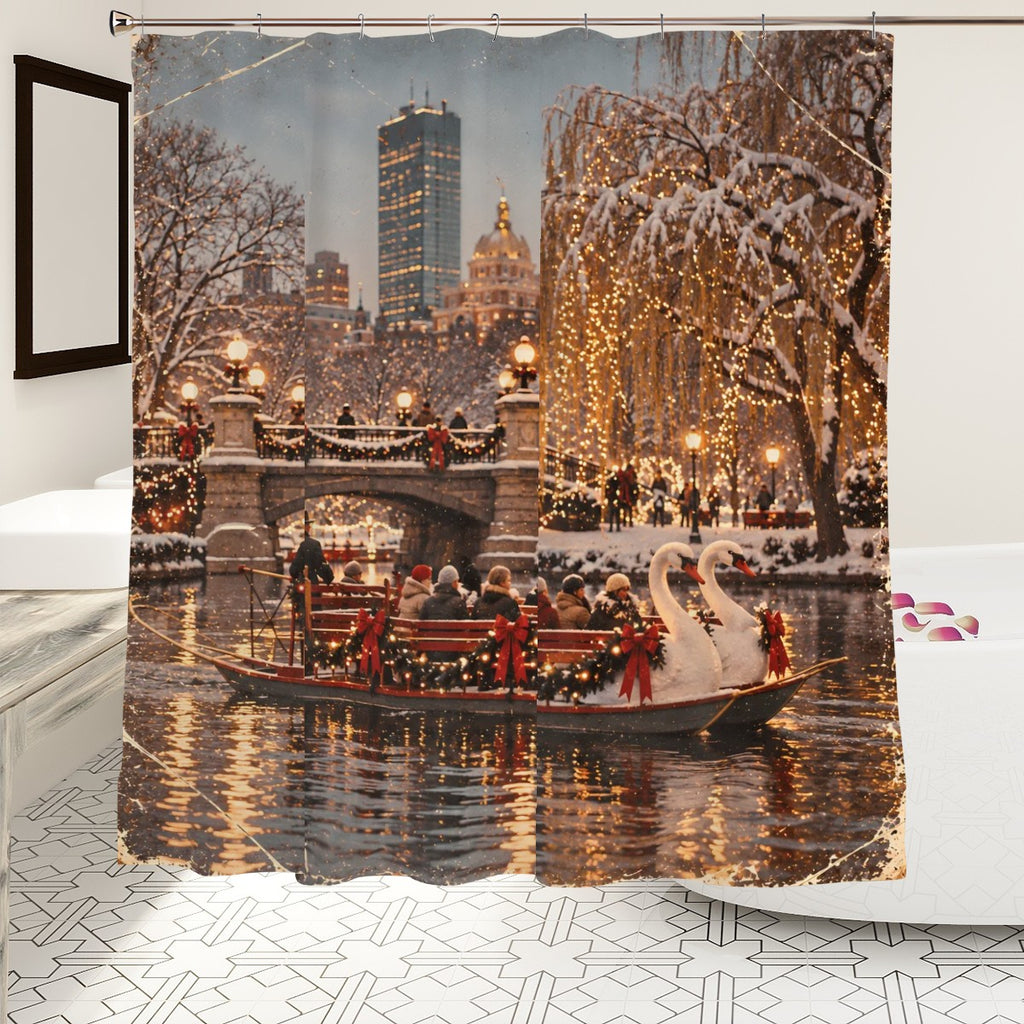 Boston Swan Boats Christmas Shower Curtain | New England Winter Scene