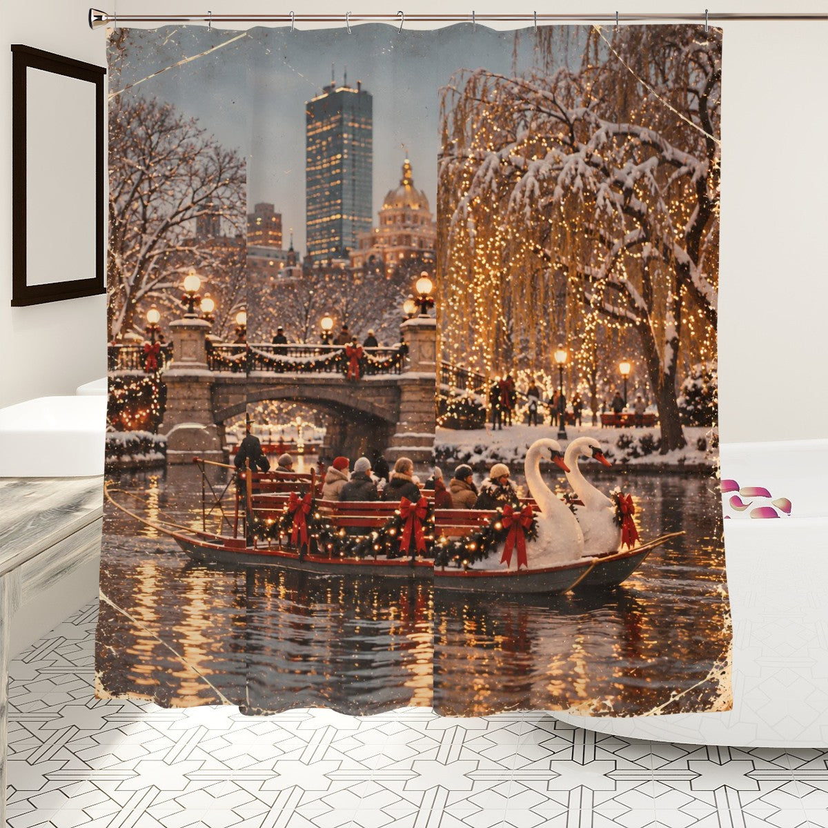 Boston Swan Boats Christmas Shower Curtain | New England Winter Scene