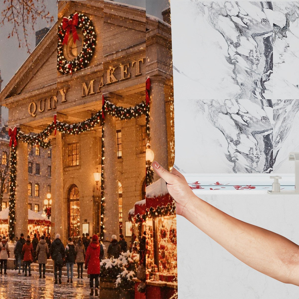 Boston Quincy Market Christmas Shower Curtain | Holiday Winter Scene