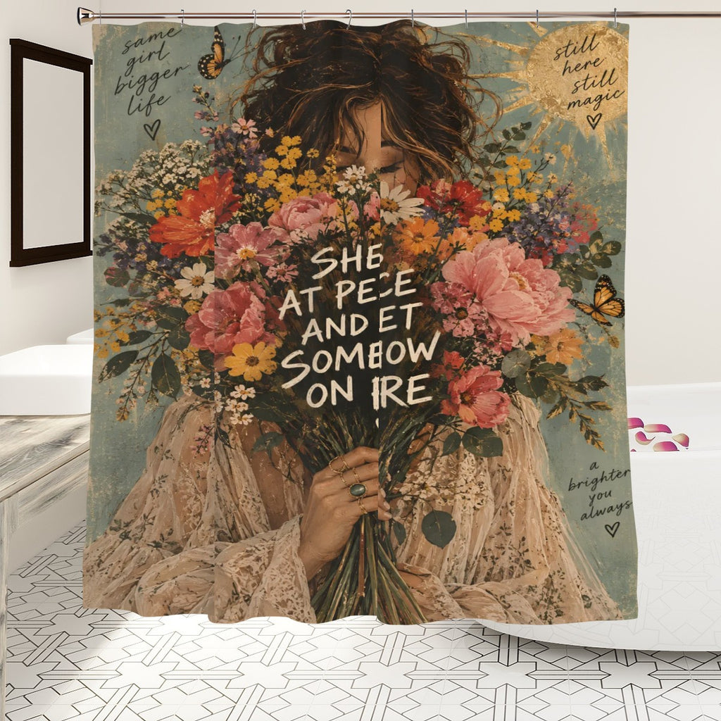 At Peace and Yet On Fire Shower Curtain - 72" x 72" Floral Woman Art