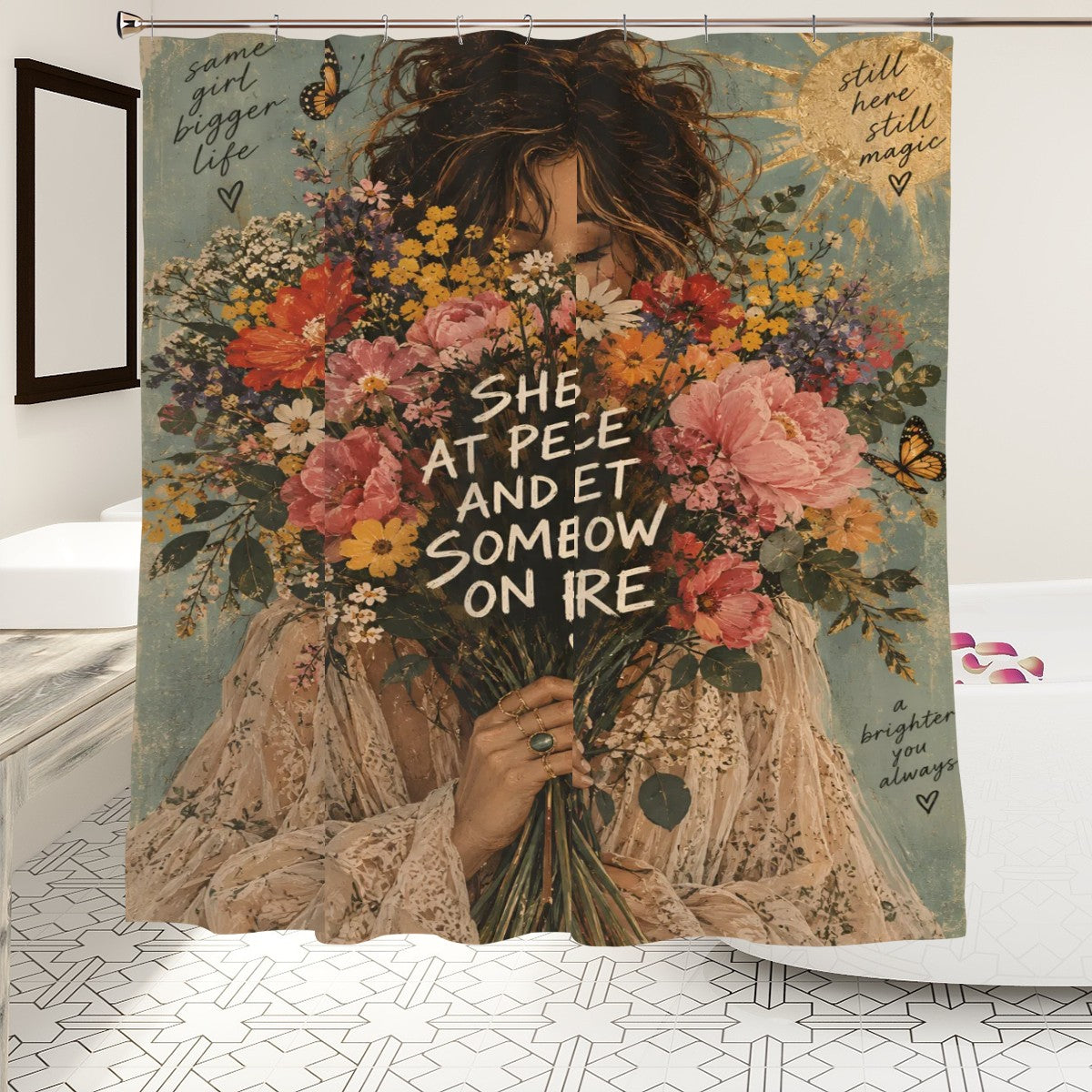At Peace and Yet On Fire Shower Curtain - 72" x 72" Floral Woman Art