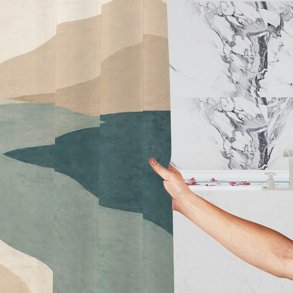 Abstract coastal shower curtain with neutral ocean tones, featuring modern beach art design for boho bathroom decor.