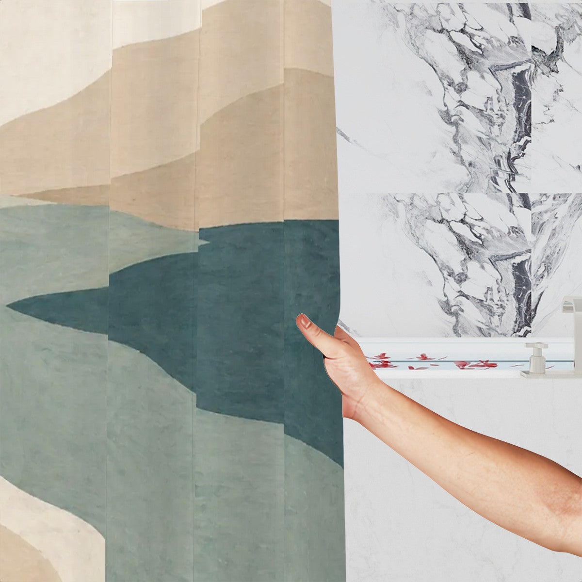 Abstract coastal shower curtain with neutral ocean tones, featuring modern beach art design for boho bathroom decor.