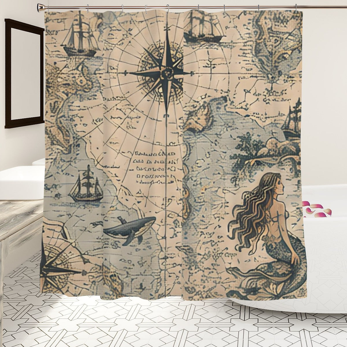 Vintage nautical map shower curtain featuring a mermaid, sailing ships, and a compass rose.