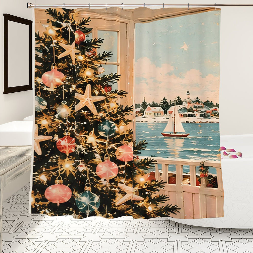 Coastal Christmas Tree Shower Curtain | Starfish Ornaments & Harbor View
