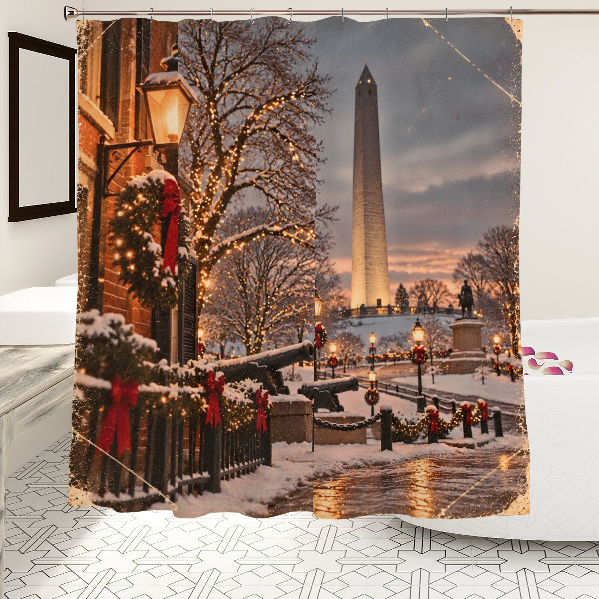 Vintage Christmas Bunker Hill Shower Curtain | Snowy City & Lantern Glow