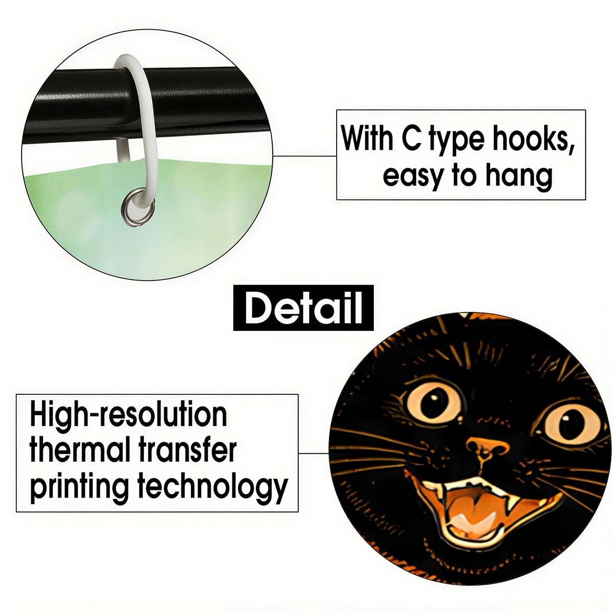 Detail of a shower curtain showing C-type hanging hooks and high-resolution cat print.