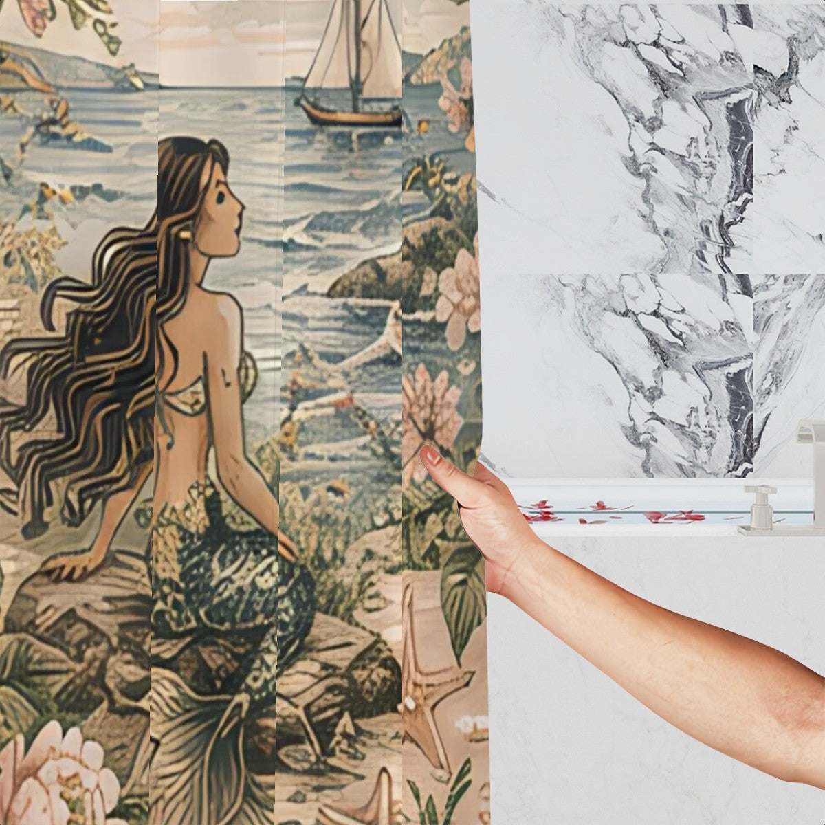 A hand holding a mermaid themed shower curtain against white marble bathroom tiles.