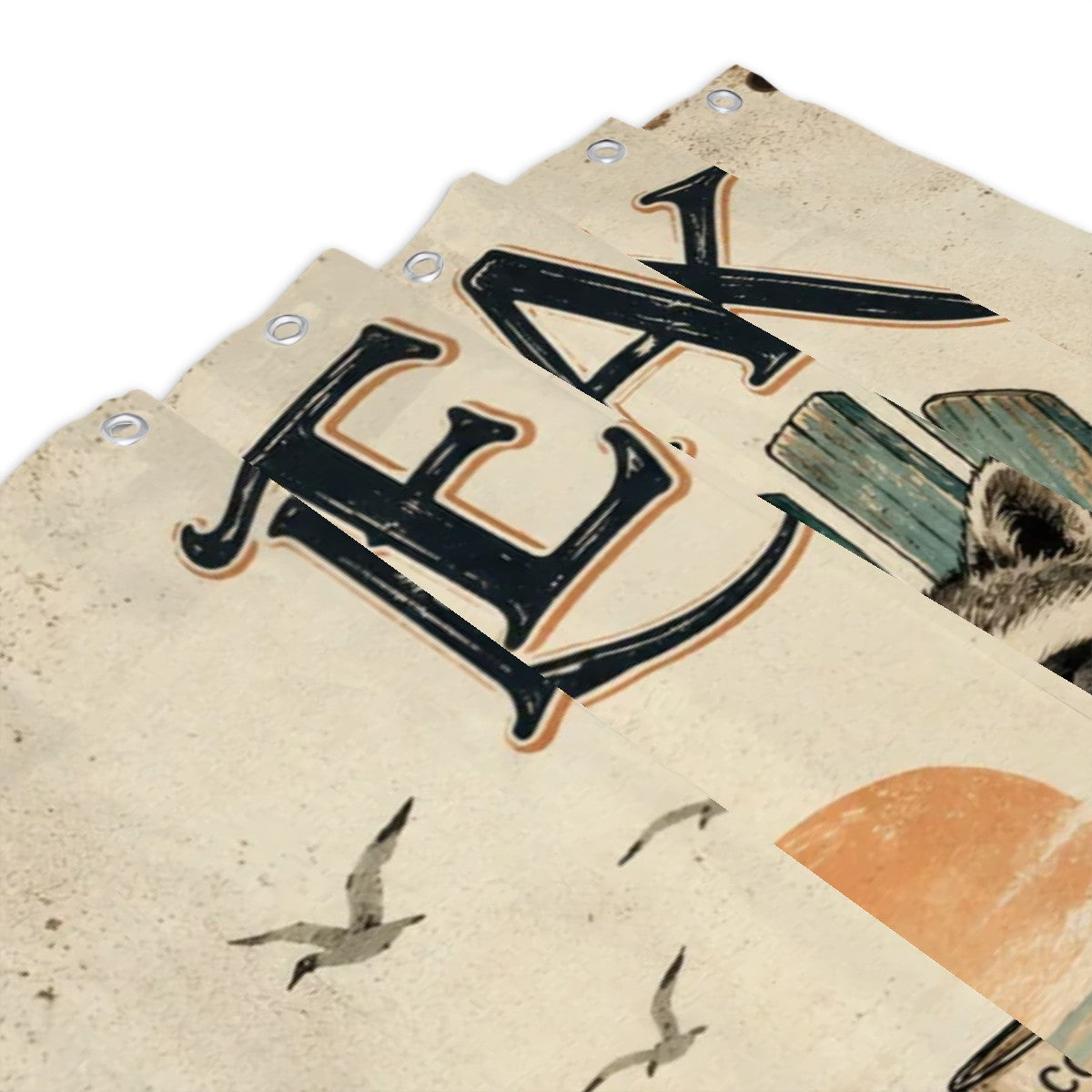Vintage style garden flag with large black lettering and flying seagulls.