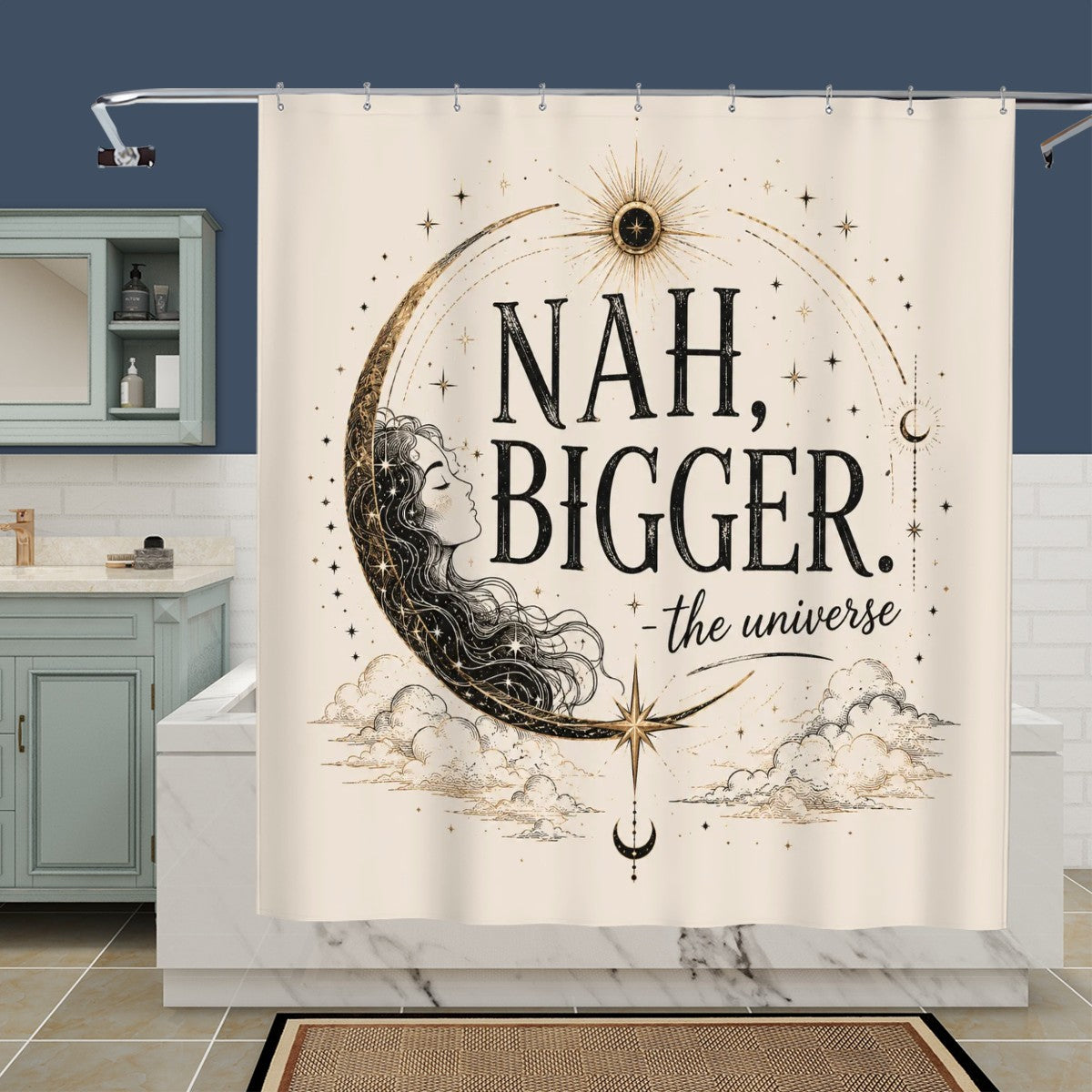 Cream shower curtain featuring celestial moon, stars, and cosmic quote 'Nah, Bigger. The Universe'