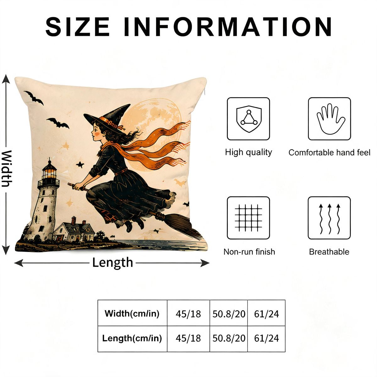 Decorative throw pillow featuring a vintage witch flying on a broomstick under a full moon.