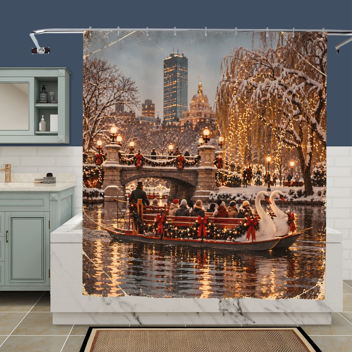 Boston Swan Boats Christmas Shower Curtain | New England Winter Scene