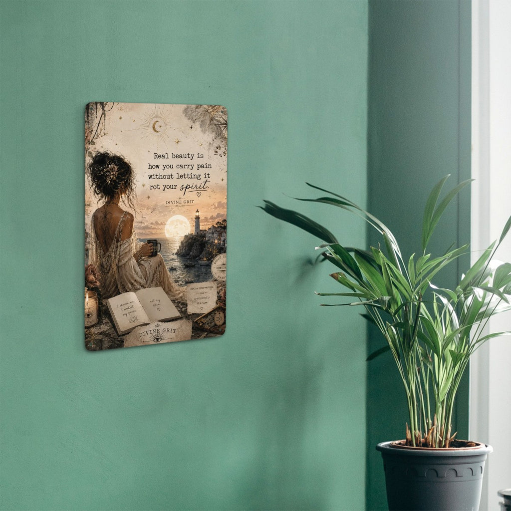 Inspirational garden flag with a woman by the ocean and motivational quote on a green wall.
