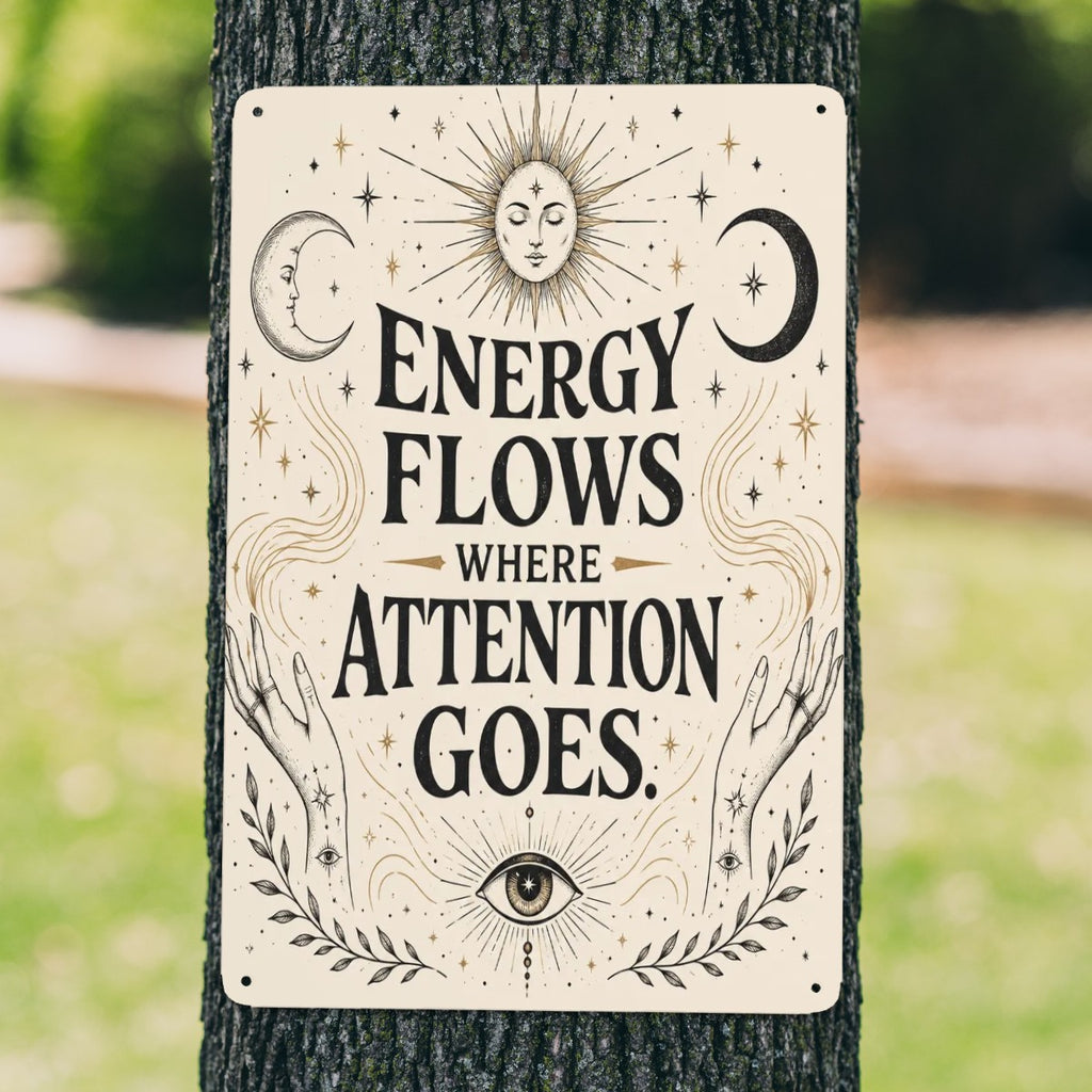 Celestial garden flag with sun, moon, and hands reading Energy Flows Where Attention Goes.