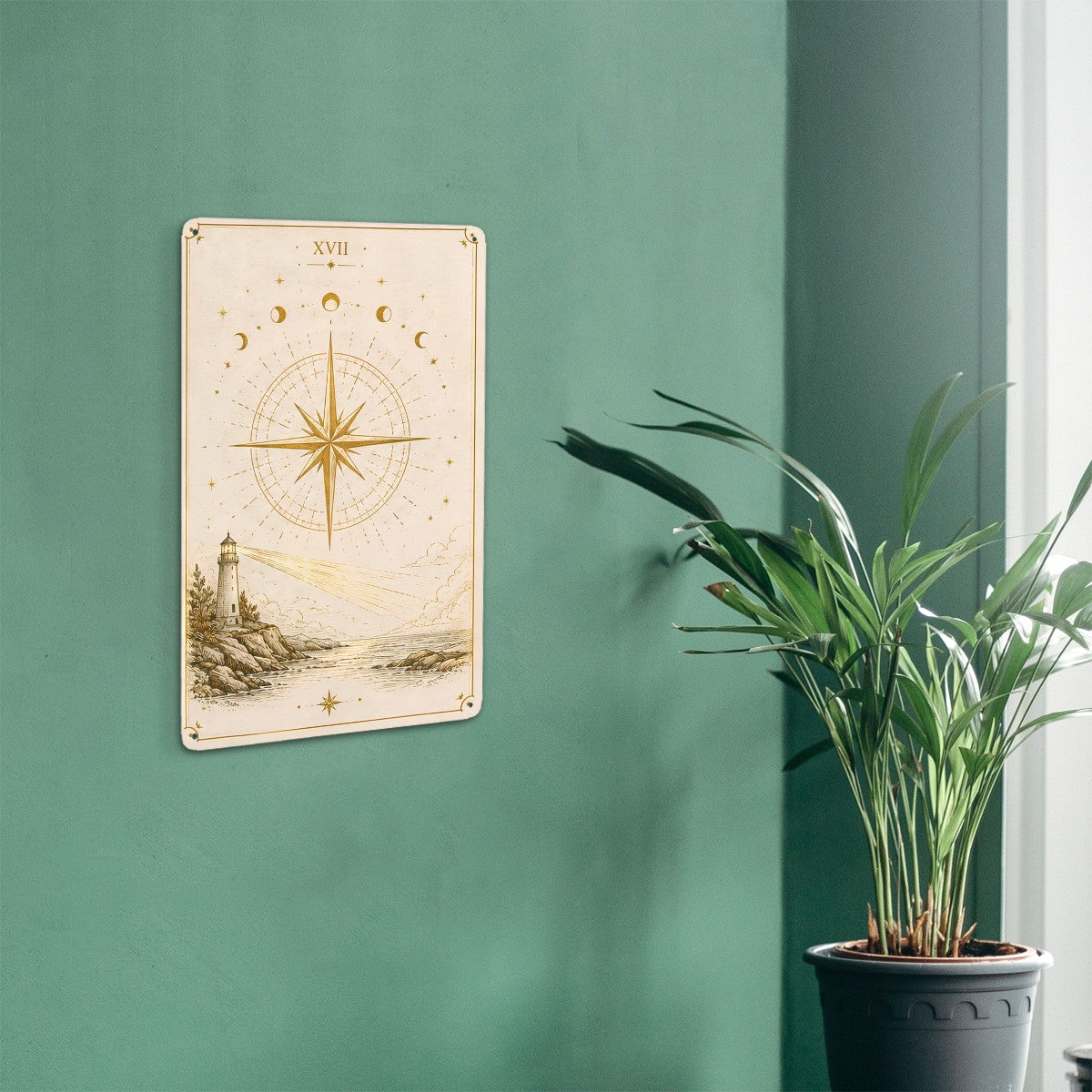 Celestial nautical art print with compass rose and lighthouse on a teal wall.