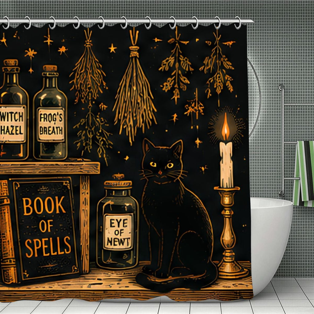 Witchy shower curtain featuring a black cat, book of spells, and magical potion bottles.