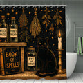 Witchy shower curtain featuring a black cat, book of spells, and magical potion bottles.