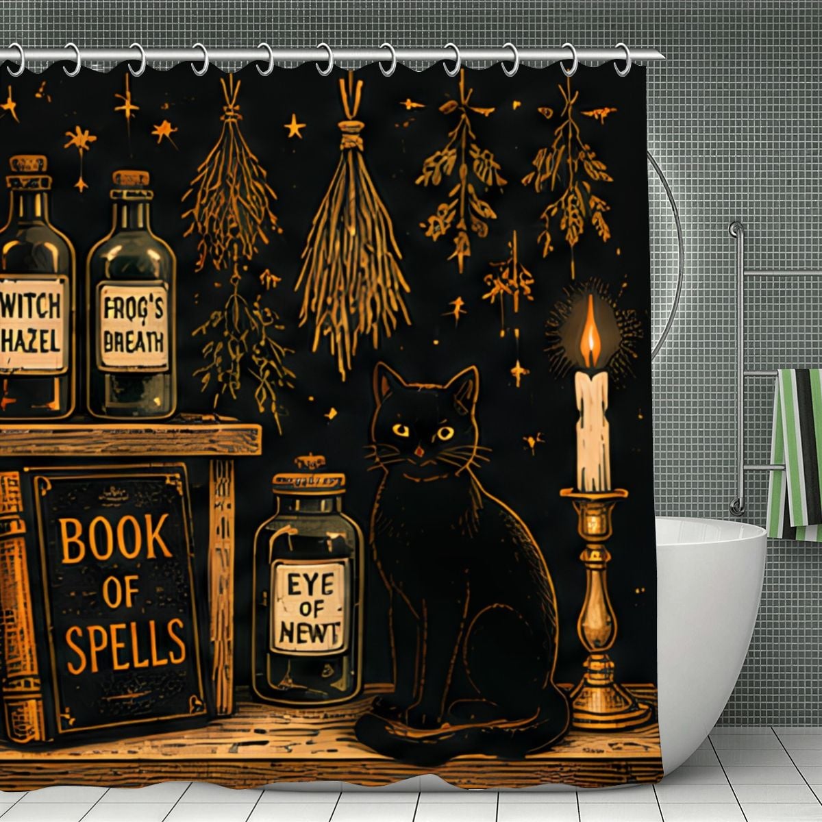 Witchy shower curtain featuring a black cat, book of spells, and magical potion bottles.