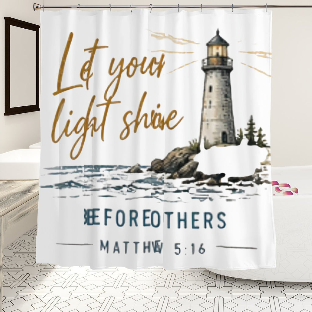 Sandy Beach bathroom decor shower curtain with ocean and sand motif hanging in a modern bathroom setting