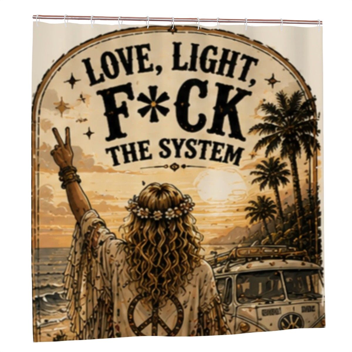 Love, Light, F*ck the System Shower Curtain – Hippie Beach VW Van Peace Sign Boho Bathroom Decor