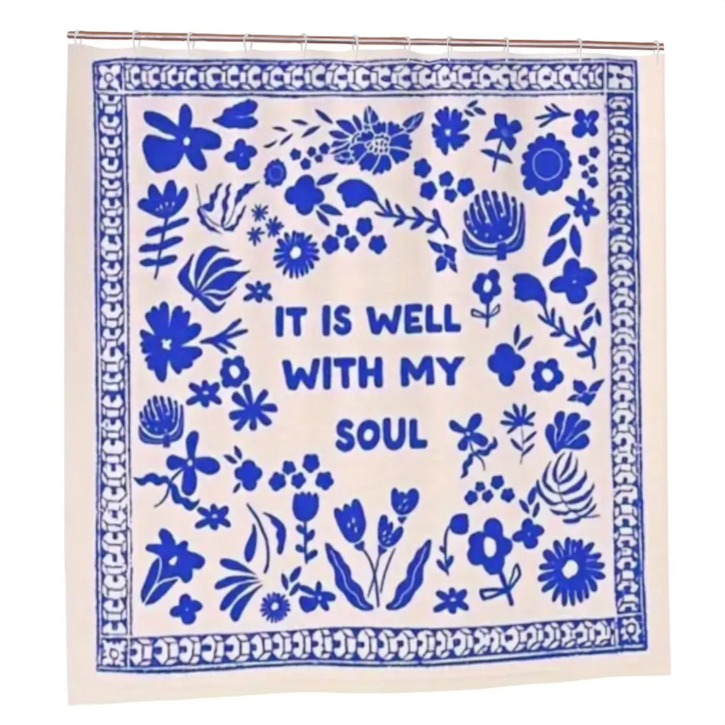 Sandy Beach "It is Well With My Soul" shower curtain with peaceful religious design for bathroom decor.