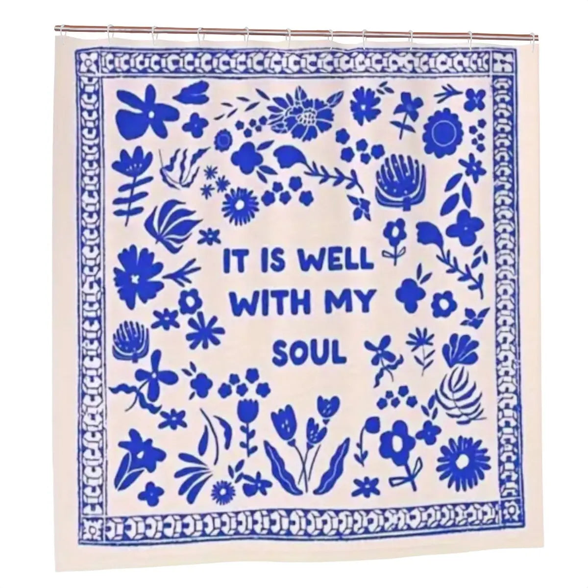 Sandy Beach "It is Well With My Soul" shower curtain with peaceful religious design for bathroom decor.