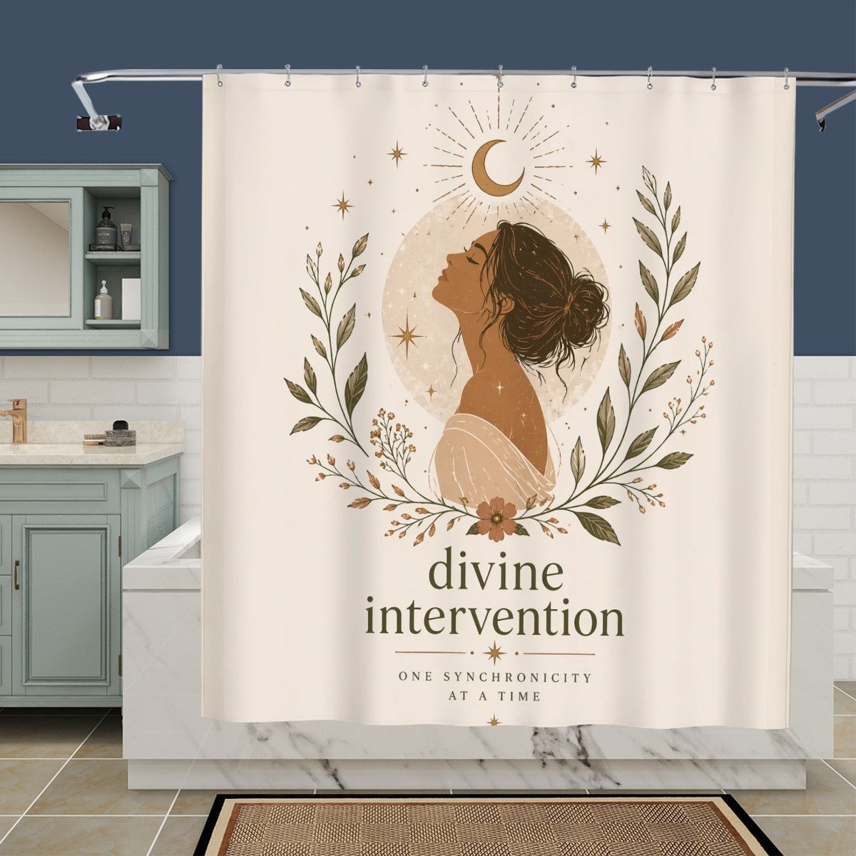 Divine Feminine Shower Curtain featuring a woman silhouette, perfect spiritual bathroom decor by Sandy Beach.