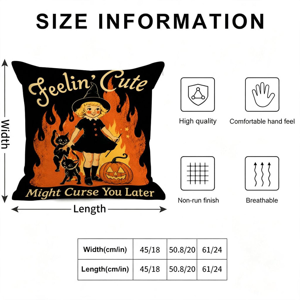 Halloween throw pillow with cute witch and black cat design featuring size information chart.