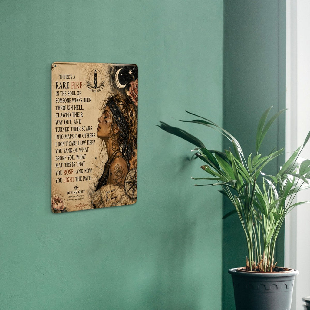 Inspirational quote wall art with celestial elements and a portrait of a woman on a green wall.