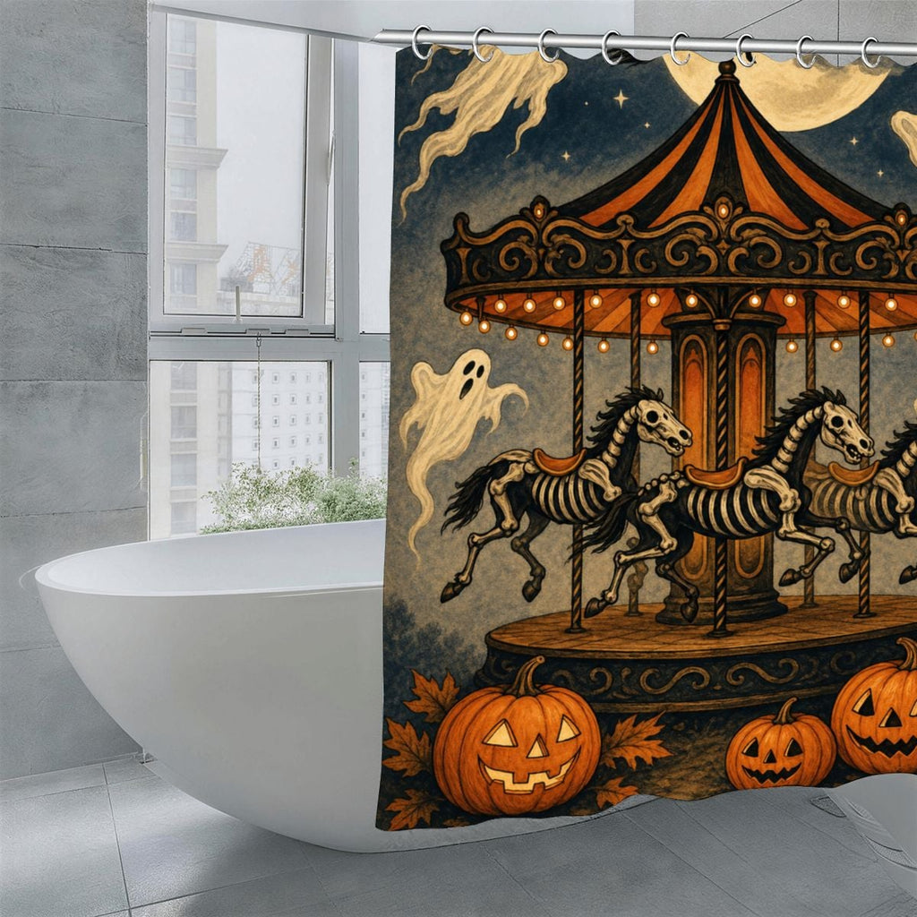 Halloween shower curtain featuring a spooky carousel with skeleton horses, ghosts, and pumpkins.
