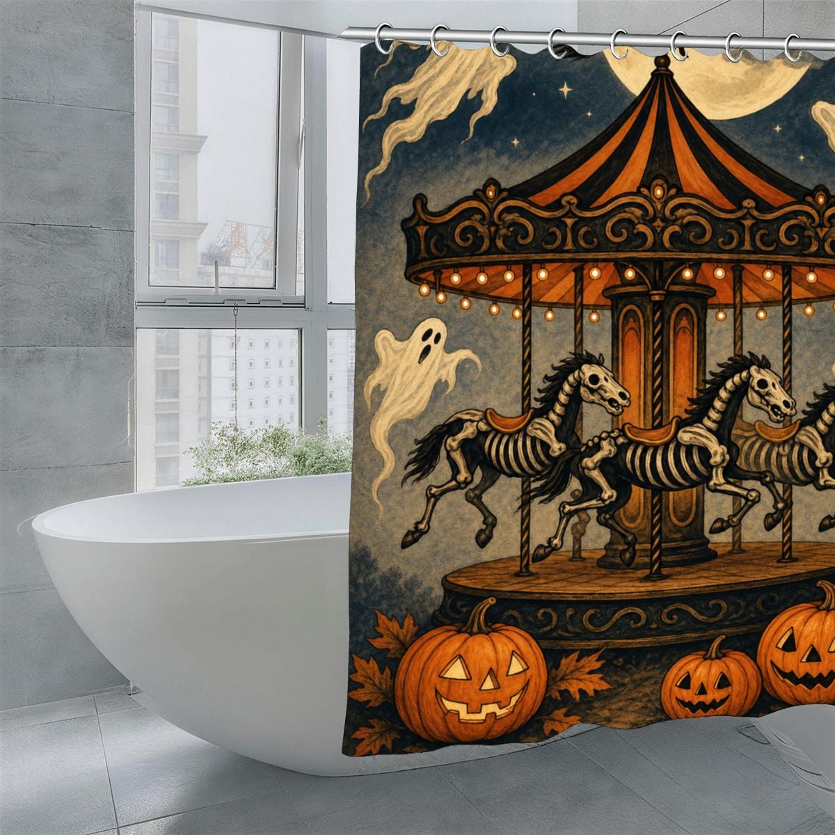 Halloween shower curtain featuring a spooky carousel with skeleton horses, ghosts, and pumpkins.